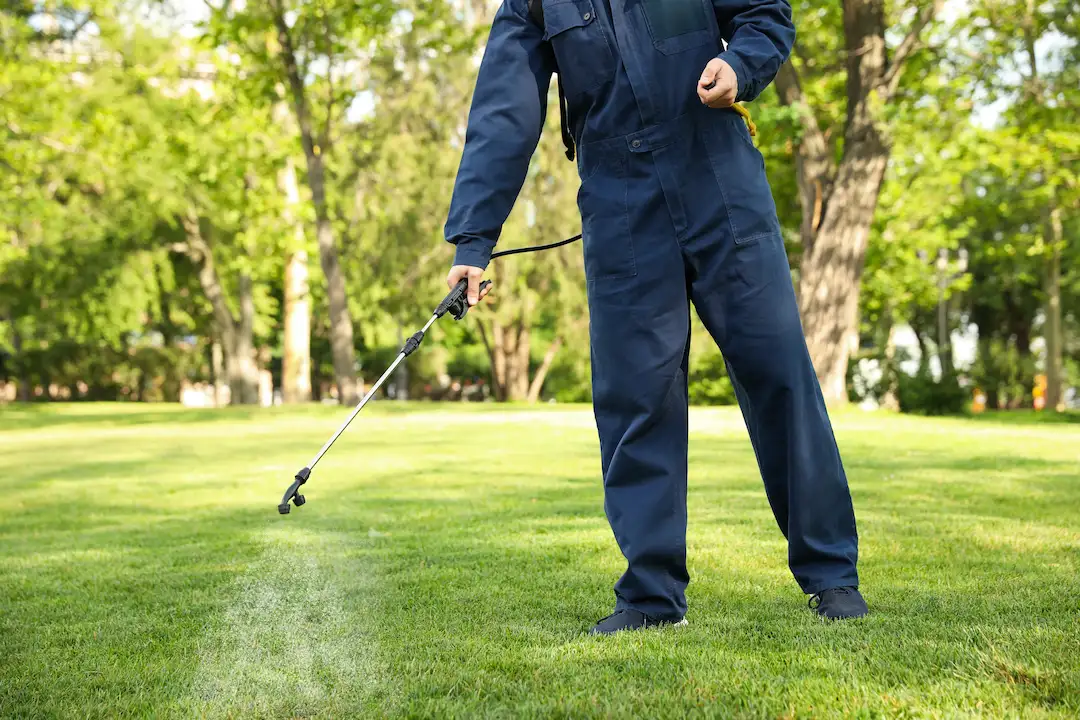 Pest control technician treating grass for pests - Keep pests away from your home with Otho's Pest Management in NC